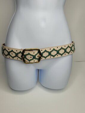 Lucky Brand cream green embraided geometric print western boho festival belt 30"